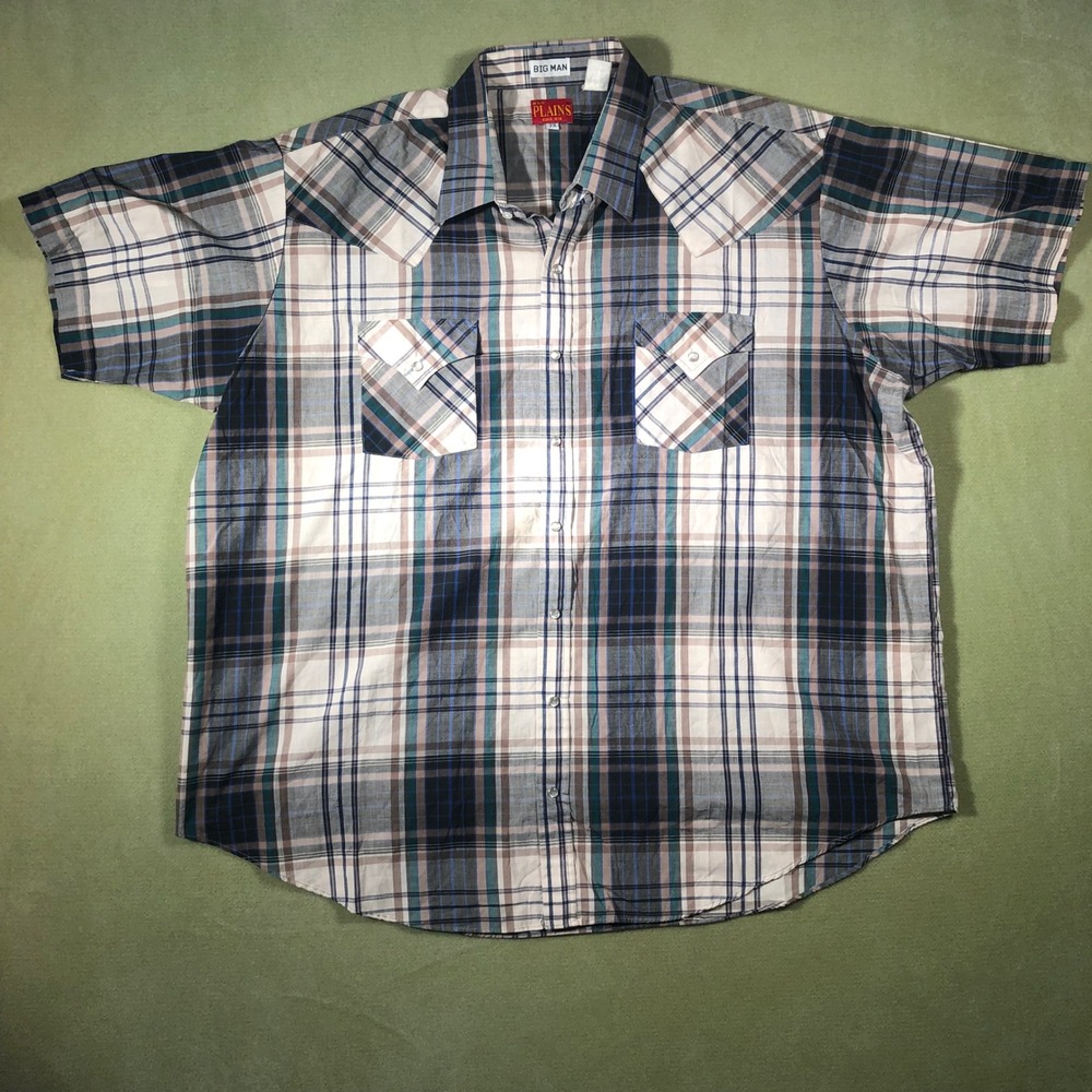 Ely Plains Western Shirt Mens 2X Plaid Pearl Snap Big Man Short Sleeve